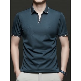 Men's Summer Short-Sleeve Collar Knit Shirt - Breathable V-Notch Blouse, Machine-Washable Casual & -Casual Tunic Top, Color-Blocking Trim (Short T) for Spring/Summer - In Stock 2518